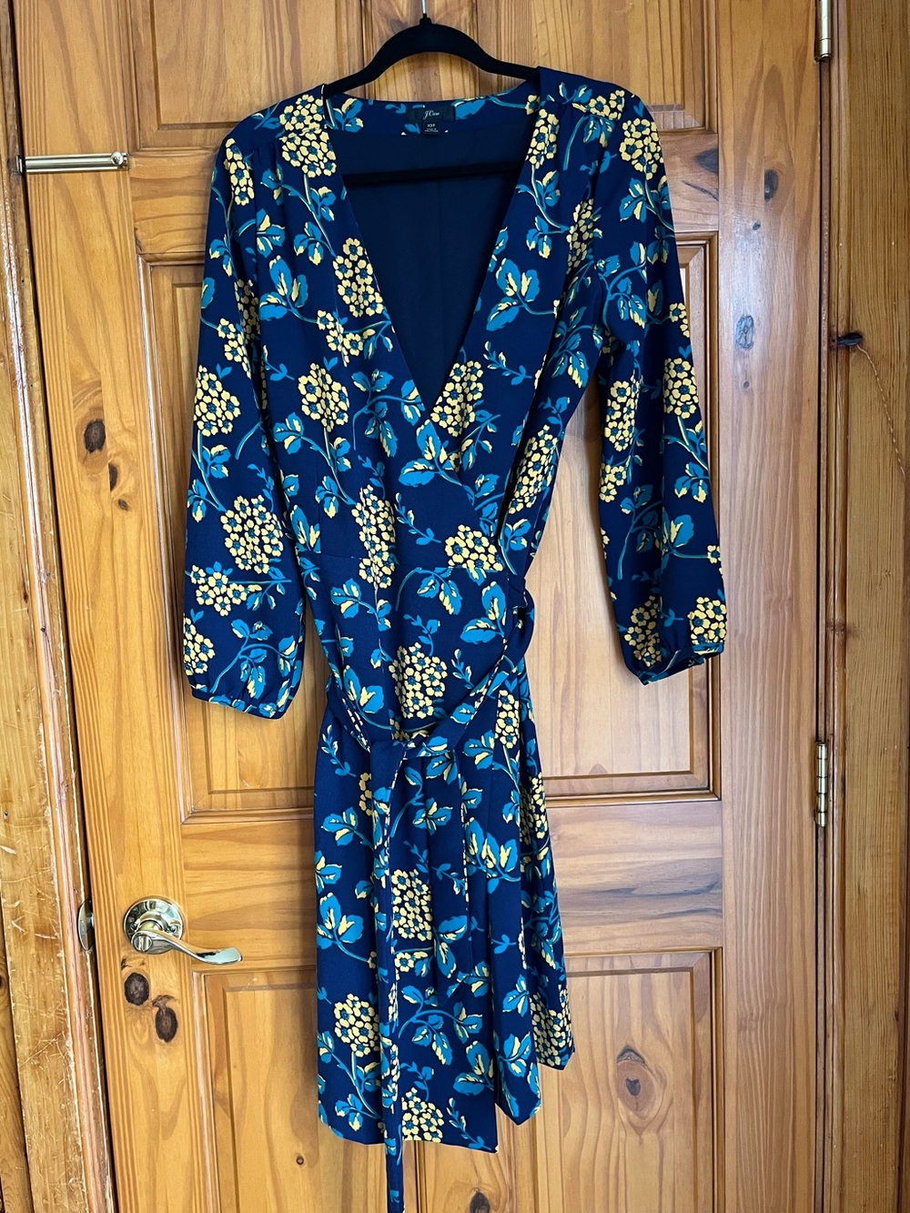 J. Crew Navy Wrap Dress with Yellow Print